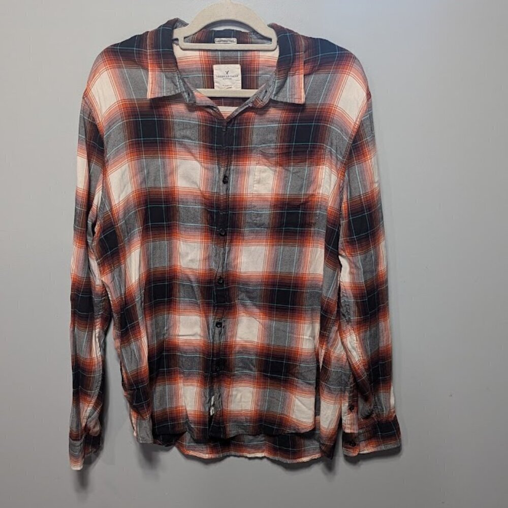 American Eagle Men's Orange, Black Long Sleeve Button Down Size XL
